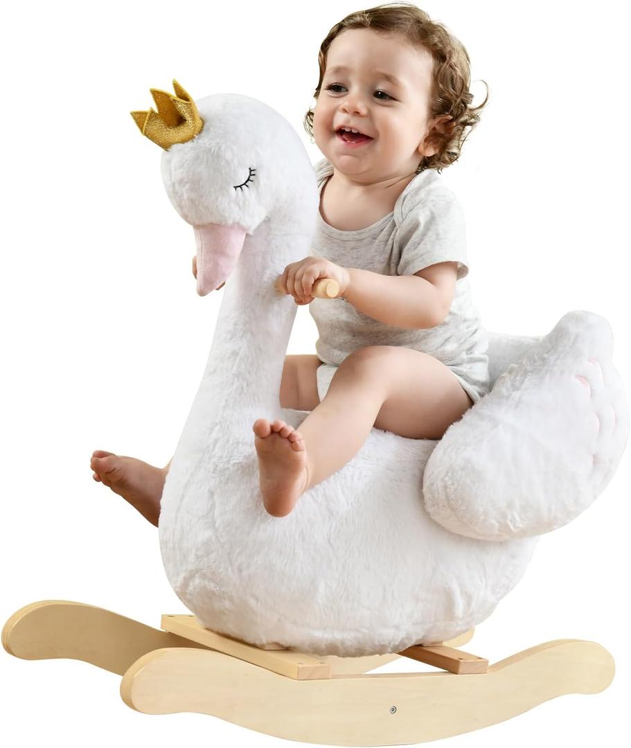 labebe Kids Rocking Horse White Swan, Stuffed Animal Wooden Rocker for Children 6 Months Boys and Girls/Nursery Christmas, Birthday Gift (Rocking Swan), Large