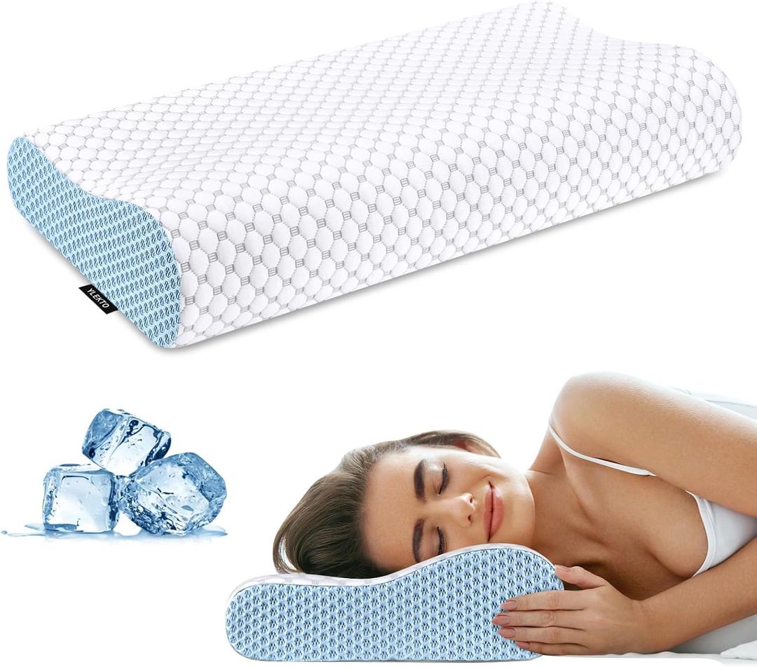 Cervical Neck Pillow for Pain Relief - Ergonomic Contour Memory Foam Pillows, Cooling Side Sleeper Pillow for Sleeping, Orthopedic Bed Pillow for Back Stomach Sleepers with Pillowcase (White & Blue)