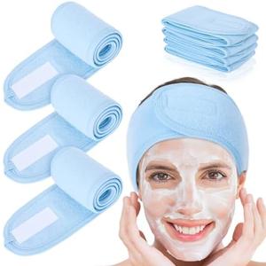 Whaline Spa Facial Headband Head Wrap Terry Cloth Headband 5 Counts Stretch Towel for Bath, Makeup and Sport (Light Blue)