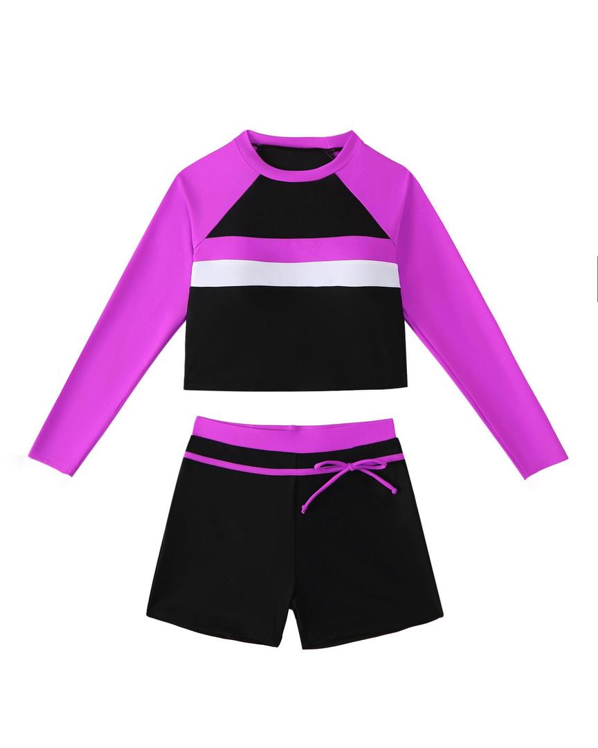 Girls Long Sleeve 2 Piece Rash Guard Set Flower Print UPF 50+ Bathing Suit Sun Protection Teens Swimwear 9-10Y