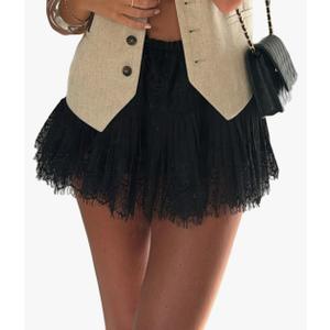 Women Lace Mini Skirt Ruffle Pleated Slip Y2k Flowy Skirts with Lined Shorts M