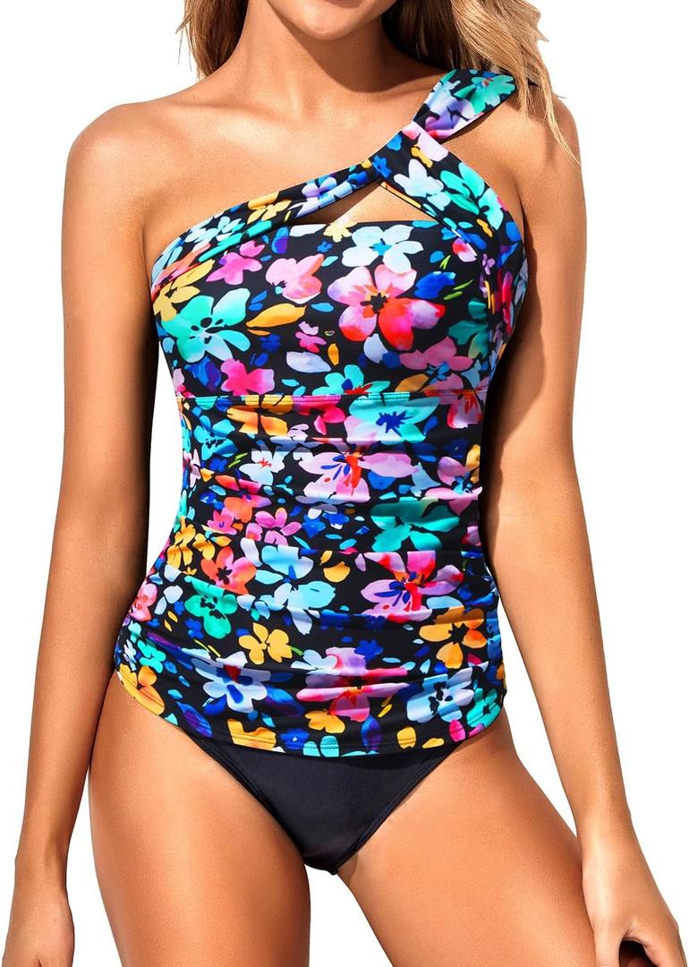 Tempt Me Two Piece Tankini Bathing Suits for Women One Shoulder Swim Top with Bottom Swimsuits (Large, Colorful Floral)