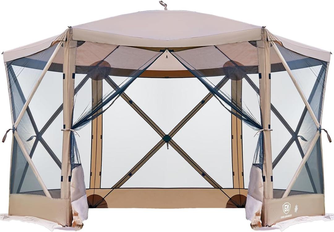 EVER ADVANCED Pop Up Gazebo Screen House Tent for Camping 11.5 ft for 8-10 Person Instant Canopy Shelter with Netting Portable for Outdoor, Backyard, Brown