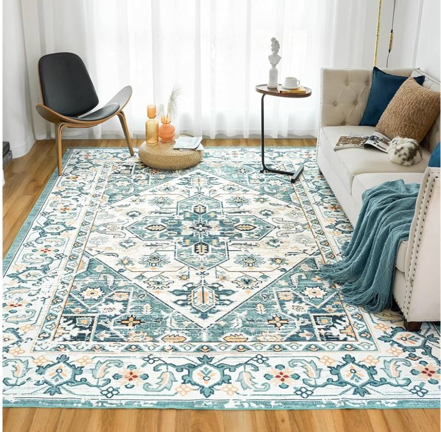 VK VK·LIVING Machine Washable Rug 9'x12' Vintage Design Washable Area Rugs with Non Slip Rugs for Living Room Bedroom Traditional Woven Carpet Stain Resistant Home Decor Boho Rug, Green&Beige