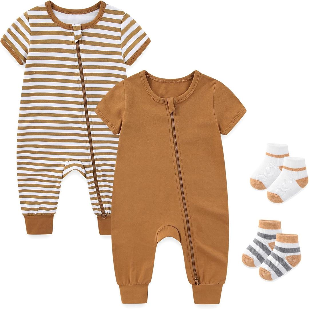 Baby Boy Girl 2-Pack Rompers with Socks 0-18M Toddler Unisex Zipper Short Sleeve Jumpsuits Clothes (9-12 Months, Brown)