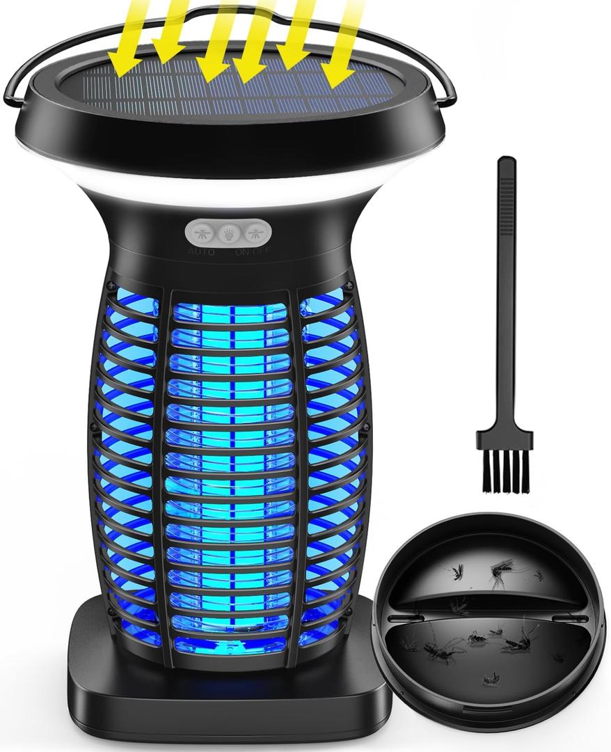 Solar Bug Zapper Outdoor, Mosquito Zapper Solar Powered, Electric Fly Zapper with Camping Lantern, Waterproof Insect Zapper, Cordless Mosquito Killer Lamp for Indoor Outdoor