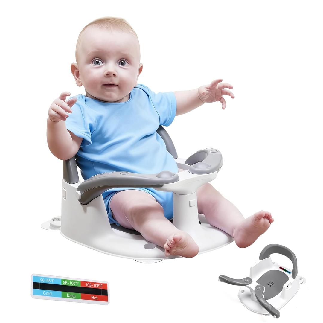 Baby Bath seat for Babies 6 Months & up, 360 Stable Toddler Bath Chair with one-Touch Button, Back Hollow Design, Water Temperature Card & 4 Suction Cups for Safety (Dark Gray)