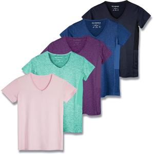 Real Essentials 5 Pack: Women's Short Sleeve V-Neck Activewear T-Shirt Dry-Fit Wicking Yoga Top (X-Large)