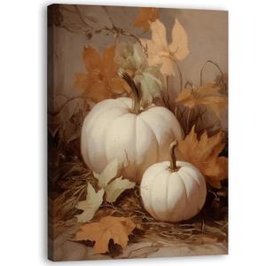 Zeuiwr Fall Artwork White Pumpkin Framed Wall Decor, Farmhouse Rustic Autumn Pumpkin Maple Leaf Canvas Wall Art, Retro Country Fall Pictures Prints for Home Bedroom Living Room Decor, 11x14 Inches