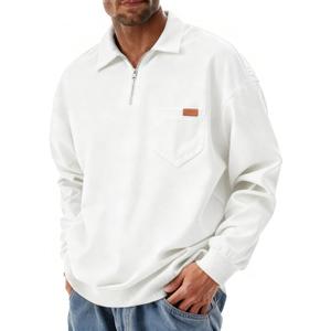 Yousify Men's Long Sleeve Polo Shirts Quarter Zip Casual Lightweight Cotton Pullover Top (X-Large, White)