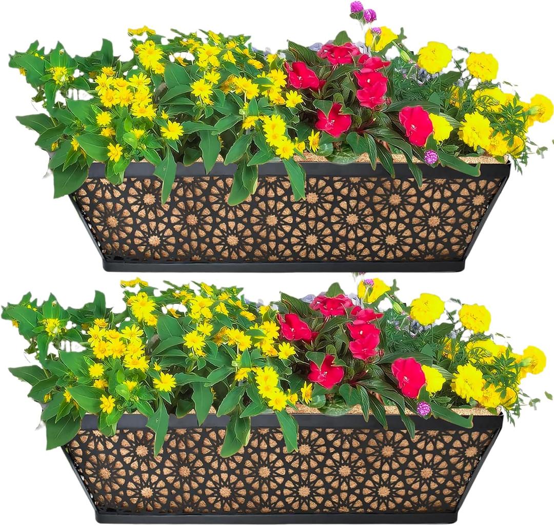 EIMQUVW 2 Pack 30" Railing Planter Window Box Deck Balcony Rail Planters Black Metal Flower Basket Horse Trough Planter with Coco Fiber Liner for Porch Fence Patio Outdoor