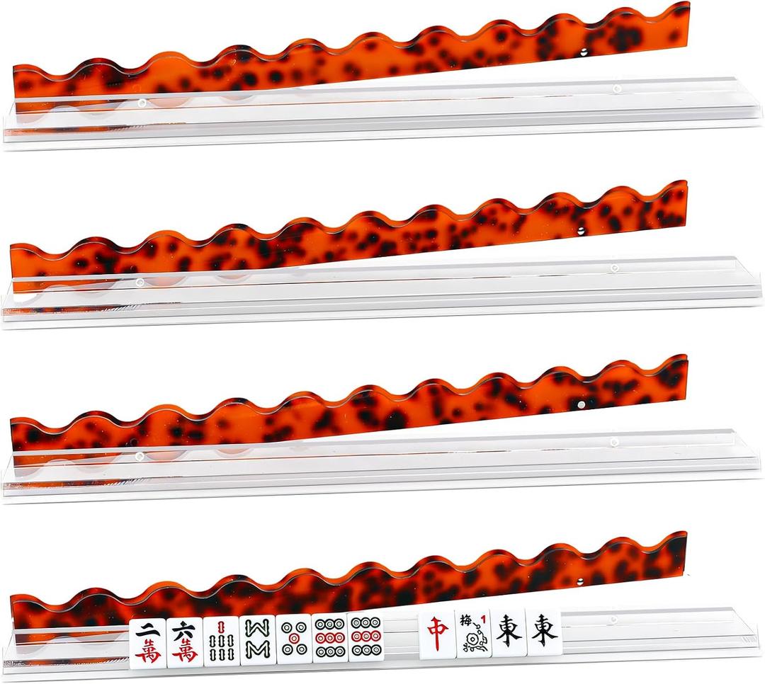 Mifoci 4 Set Scalloped Tortoiseshell Mahjong Tile Racks with Magnetic Pushers Acrylic American Mahjong Rack and Pusher Modern Majiang Accessories for American Majiang Game