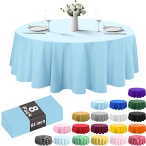 8 Pack Plastic Tablecloth 84" Disposable Table Cloths for 6 to 8 Foot Tables Round Table Cover for Parties (Light Blue, Round)