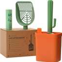 Cactus Cat Litter Scooper with Holder - 2 Replaceable Wheat Straw Plastic Shovels & ABS Handle and Box - Cat Litter Scoop with Bag & Trash Bag Storage - Premium Kitty Litter Scoop Green