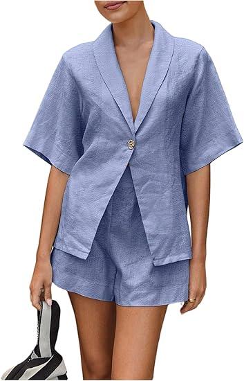 Milumia Women's 2 Piece Outfit Button Front Collared V Neck Short Sleeve Shirt Shorts Sets, Small