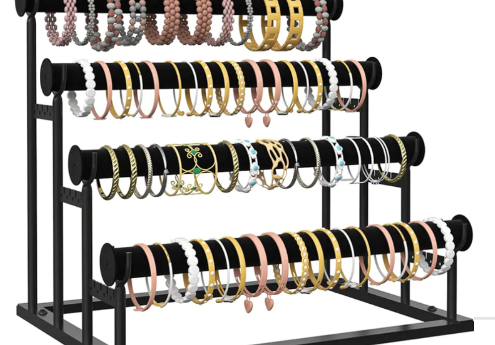 ORLESS 4 Tier Bracelet Holder, Detachable Velvet Jewelry Display Stand, T-Bar Necklace Storage Organizer Display Stand, Metal Bracelet Holder Display for Bangles Watch Bracelets Scrunchies(Black)
