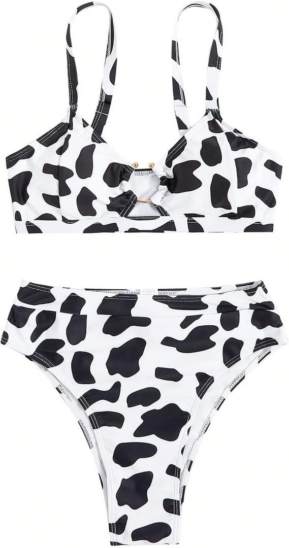 WDIRARA Women's Cow Print 2 Piece Cute Swimsuit Cut Out Ring High Waisted Bathing Suit (Medium, Black and White)