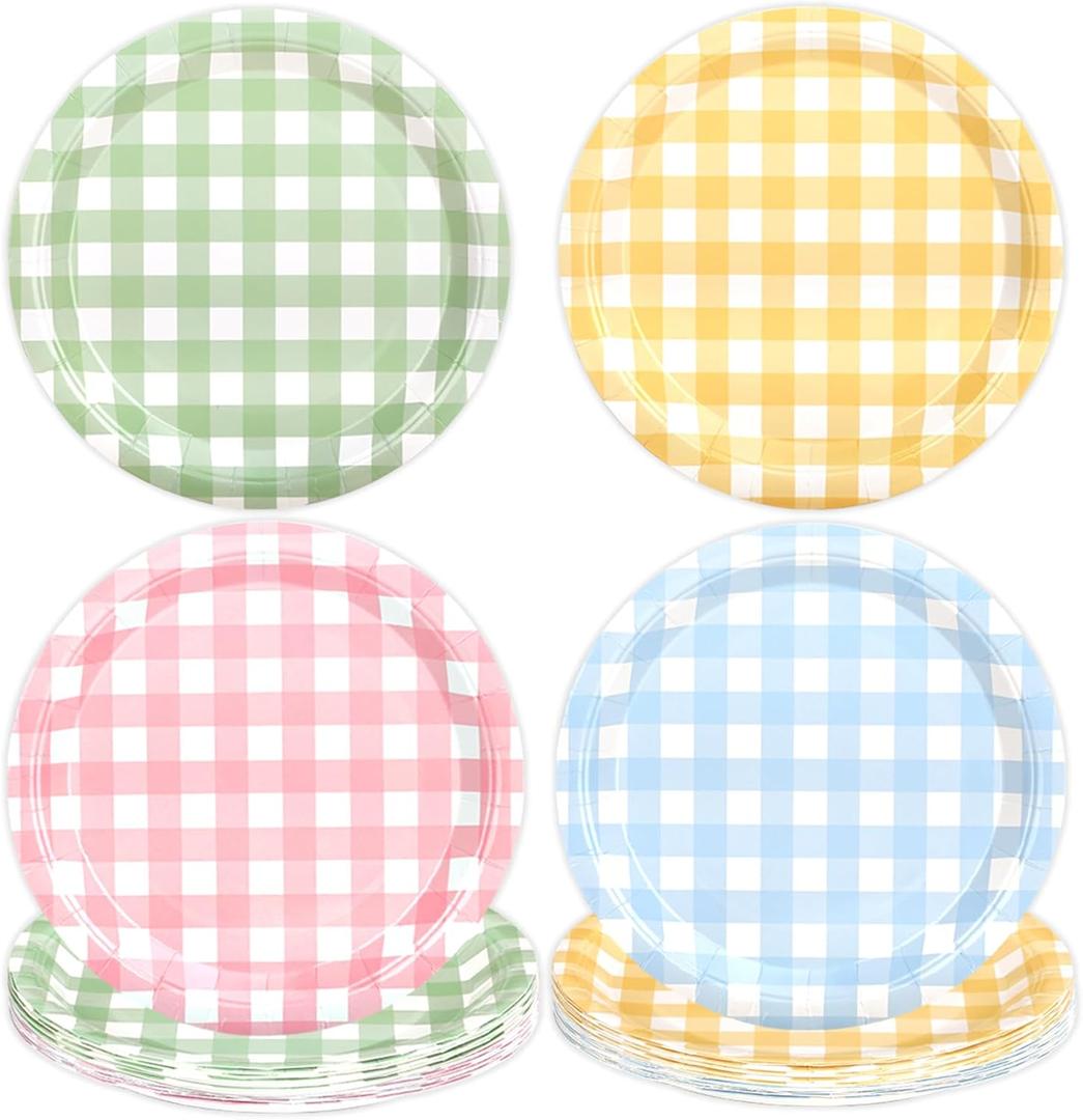 64 Pcs Gingham Dessert Paper Plates Set - 9 Inch 4 Color(Red/Blue/Green/Yellow) Disposable Round Paper Plate - Disposable Gingham Party Supplies - For Picnic Wedding Birthday