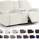 KinCam Loveseat Recliner Covers with Middle Console Slipcover, Recliner Sofa Covers 2 Seat Couch Cover Stripe Jacquard Furniture Protector Covers with Elastic Bottom for Kids, Pets(Cream)