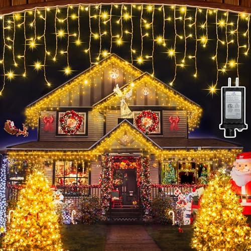 612 LED 60FT Christmas Lights with 136 Drops, 12 Modes Dimmable Warm white Outdoor Hanging Lights with Timer Memory, Waterproof Curtain Lights for Home Bedroom Indoor Tree Window Roof Fence Wedding
