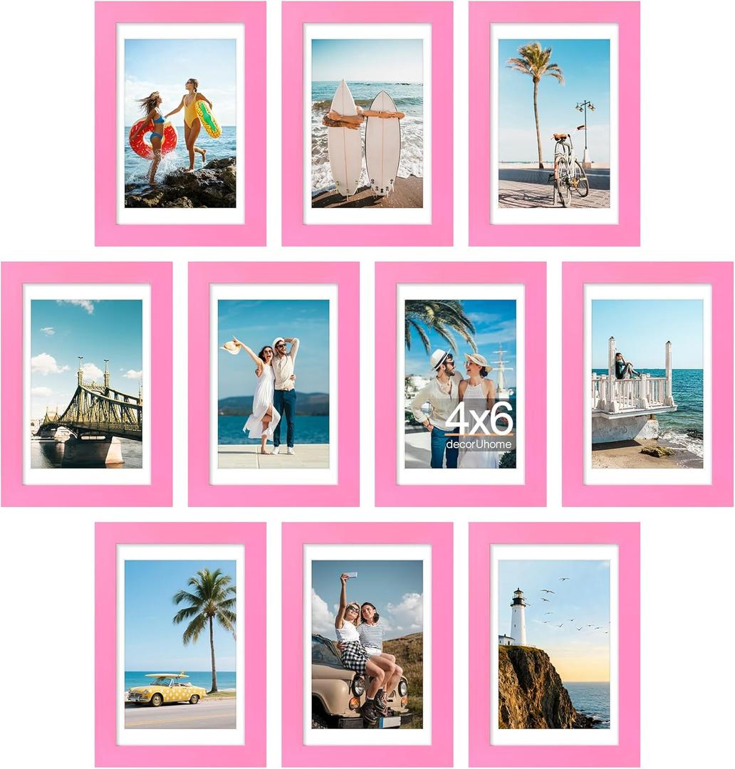 decorUhome 4x6 Picture Frame Set of 10, Display Photos 3.5x5 with Mat or 4x6 Unmatted for Picture Frames Collage Wall Decor, Pink