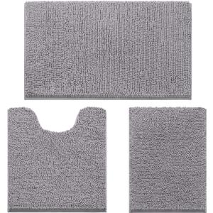 HOMEIDEAS 3 Pieces Bathroom Rugs, Soft Thick Absorbent Chenille Bath Mats, Washable Non-Slip Floor Rugs for Shower & Bath, Grey (17"x24"+20"x32"+U Shape 20"x24")