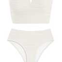 ZAFUL Bandeau Swimsuits for Women Textured Lace up High Waisted Bathing Suit 2025 Strapless V-Neck Two Piece Bikini Set Beige, L