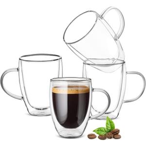 12oz Double Walled Glass Coffee Mugs with Handle, Clear Cappuccino Glass Mug Set of 4, Insulated Layer Coffee Cups, Clear Borosilicate Glass Mugs, Glasses Espresso Mugs for Coffee