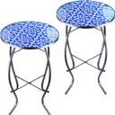 Arbuxzuy 2PCS 12 Inch Small Outdoor Side Table with Blue-White Mosaic, Glass Mosaic Patio Table Indoor, Round Plant Coffee Table for Living Room, Balcony, Garden