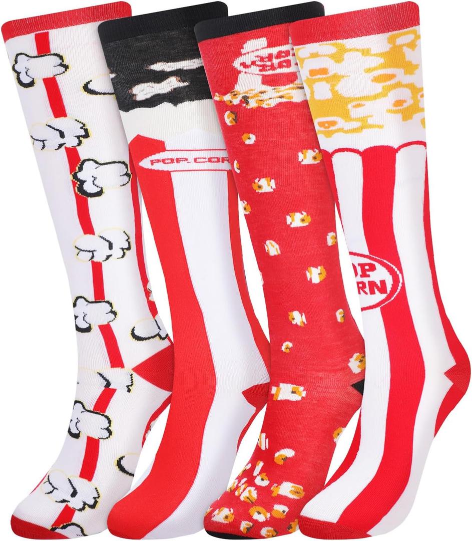 Shihanee 4 Pairs Popcorn Socks Novelty Fashion Knee High Socks Women Men Cozy Crazy Snack Theme Design Stockings for Adults Popcorn Lovers Movie Night Gift