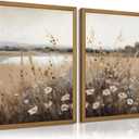 Wildflower Botanical Wall Art Decor Set of 2 Vintage Canvas Wall Decor Landscape Field Wall Art Pictures Farmhouse Prints Landscape Painting Vintage Artwork for Room Bedroom 12x16 Inch Framed