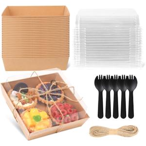 7 x 7 x 2.6 Inches Large Charcuterie Boxes with Clear Lids, 50 Pack Disposable Square Brown Bakery Boxes, To Go Paper Food Container for Cake Slices, Sandwiches, Cookies, Dessert