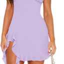Tank Dresses for Women Elegant Ruched Deep V Neck Sleeveless Ruffle Hem Causal Bodycon Beach Mini Dress Purple S
