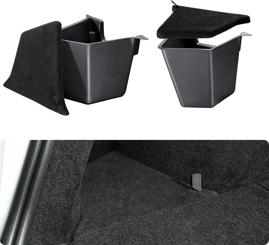 BASENOR 2025 2026 Tesla Model Y Trunk Storage Bins, (Proprietary Design) Trunk Organizer with Carpeted Lid, Rear Trunk Side Storage Box for 5-Seats Model Y Juniper Interior Accessories
