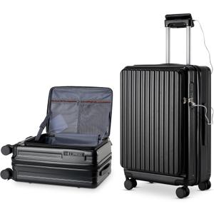 Carry-on with Cup Holder & USB Port Carry on Luggage Durable Luggage Suitcase Lightweight Hardside Luggage with TSA lock & Phone Holder 360° double spinner Wheels (K005-Black=20Inch, Small)