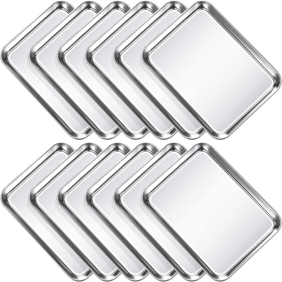 Potchen 12 Pcs Baking Sheet Pan Set Stainless Steel Cookie Sheet Small Toaster Oven Pans Tray Barbecue Grill Pan Rectangle Trays Oven Freezer Bakery, Non-stick, Easy Clean, 9 x 6.7 x 1 Inches