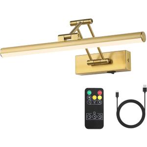Joossnwell Wireless Picture Light Battery Operated with Remote LED Art Lights for Paintings Rechargeable Dimmable and Timer 15.5 Inch Brass Picture Lights for Wall Gallery Light Library Light