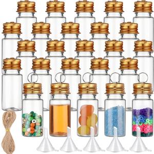 Bokon 25set 10ml Mini Plastic Bottles with Lids Inner Cover Funnels, Small Potion Bottles with Caps Tiny Clear Sand Art Jar Wishing Vial for Birthday Christmas Party Decoration DIY Craft Gift(Gold)