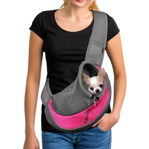 YUDODO Pet Sling Carrier for 2-5 lbs Small Dogs & Cats – Hands-Free Puppy Carrier with Safety Hook, Large Zipper Pocket, Soft Breathable Mesh, Adjustable Strap & Reflective Strip (Pink 1.0 S)
