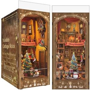 Book Nook, Christmas Cottage 3D Wooden Puzzle with LED Lights, DIY Festive Holiday Bookend Decor, Cozy Winter Scene with Christmas Tree, Wreath, and Snowman