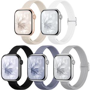 5 Pack Slim Braided Stretchy Bands Compatible with Apple Watch Band 38/40/41/42mm(Series 10/11) Women Men, Thin Elastic Nylon Solo Loop Straps for iWatch Series 10 9 8 7 6 5 4 3 11 SE 2/1 (Black/Starlight/BlueGrey/StoneGrey/White)