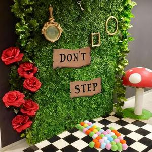 2 Pcs Wonderland Tea Party Decorations Don't Step Signs with 50 Mini Rainbow Pompoms Vintage Do Not Step Cutouts Wonderland Decor for Spring Birthday Fairy Tea Party Lawn Garden Outdoor