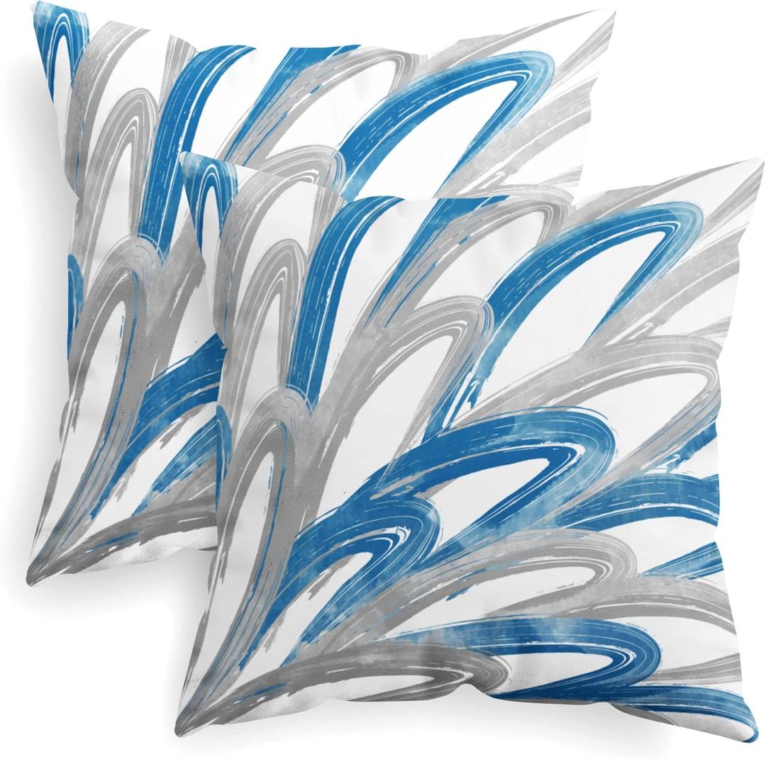 CaliTime Throw Pillow Cases Pack of 2 Cozy Fleece Two-Tone Abstract Feather Decorative Cushion Covers for Couch Bed Sofa Farmhouse Decoration 18 X 18 Inches Blue Grey