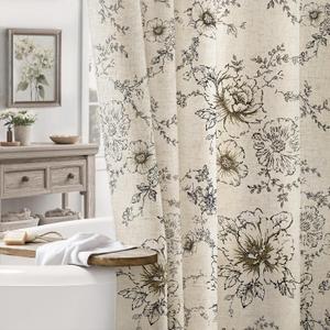 Farmhouse Floral Linen Shower Curtain, Vintage Black Pattern Rustic Shower Curtains for Bathroom, Tan Taupe,72x84