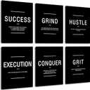 COSCTOR Set of 6 Motivational Wall Art Picture Decor Grind Hustle Execution Grit Conquer Success Canvas Framed for Office Bedroom Inspirational Workplace Posters Black and White Paintings Ready to Hang(Framed,9x12)