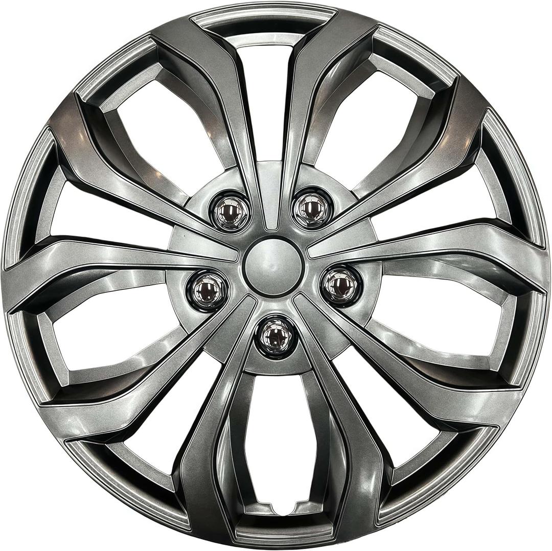 Universal Hubcaps for Steel Wheels, Snap-On Wheel Covers with Adjustable Steel Retaining Ring, Durable ABS, Patent Design (Gunmetal Gray, 16-inch)