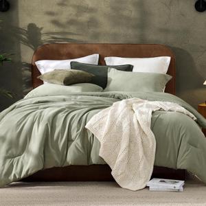 Olive Green King Comforter Set, Boho Fluffy Comforter Bed Set 3 Piece, Microsuede-Like King Bedding Set for Bedroom (Light Olive Green,102"*90")