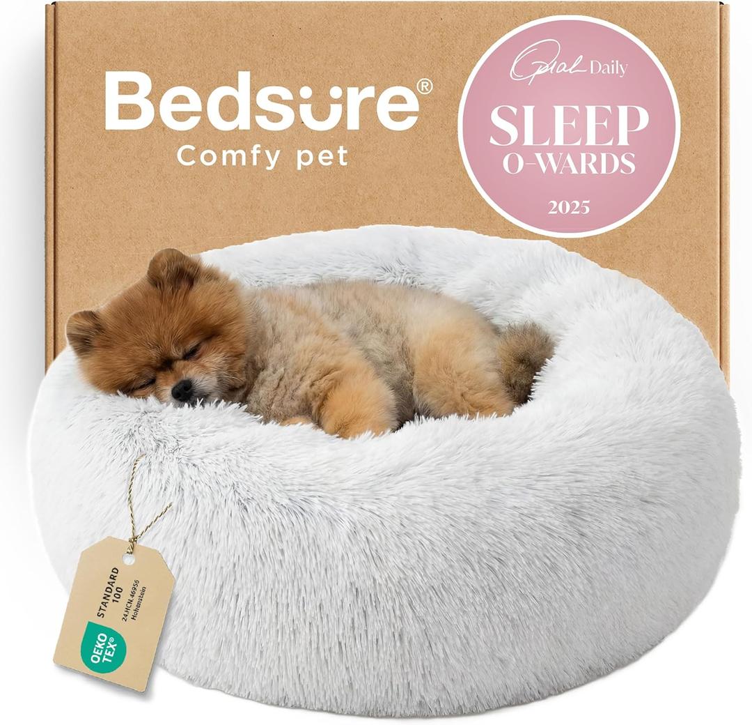 Bedsure Calming Dog Bed for Small Dogs - Donut Washable Small Pet Bed, 23 inches Anti-Slip Round Fluffy Plush Faux Fur Large Cat Bed, Fits up to 25 lbs Pets, Frost Grey