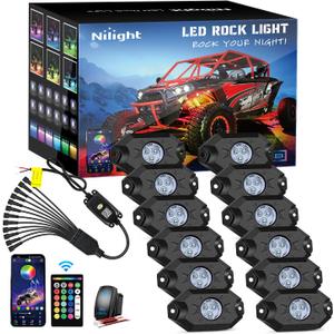 Nilight RGB LED Rock Lights Kit 12 Pods Underglow Multicolor Neon Pod with Remote & Bluetooth App Control DIY Flashing Music Mode Wheel Well Light for Truck ATV UTV RZR SUV