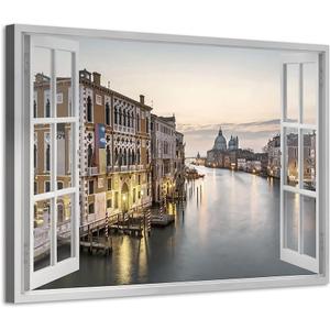 Italy Cityscape Canvas Wall Art: Venice Water City Picture Fake Window Port Town Prints Artwork for Living Room Bedroom Bathroom 16"L x 11"W